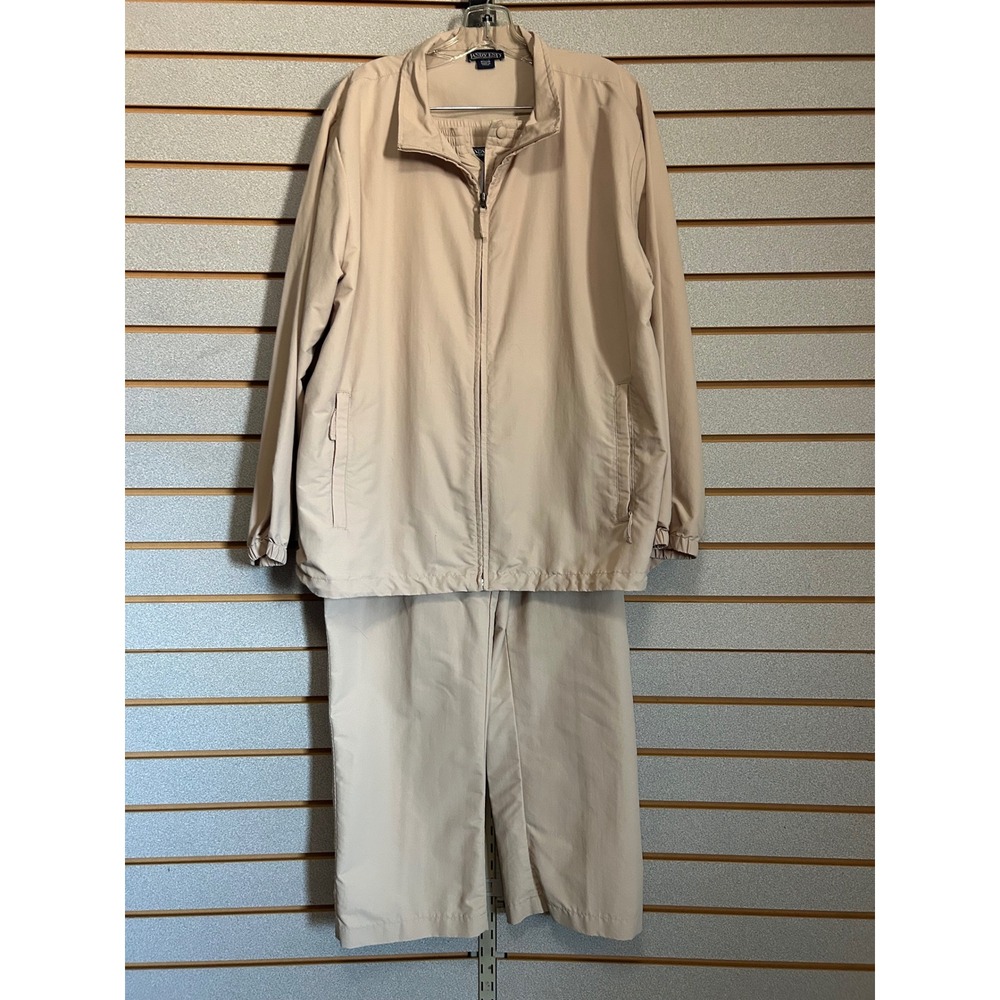 Lands End Womens XL 18-20 Tan Nylon Tracksuit Full Zip Jacket and Pants Set